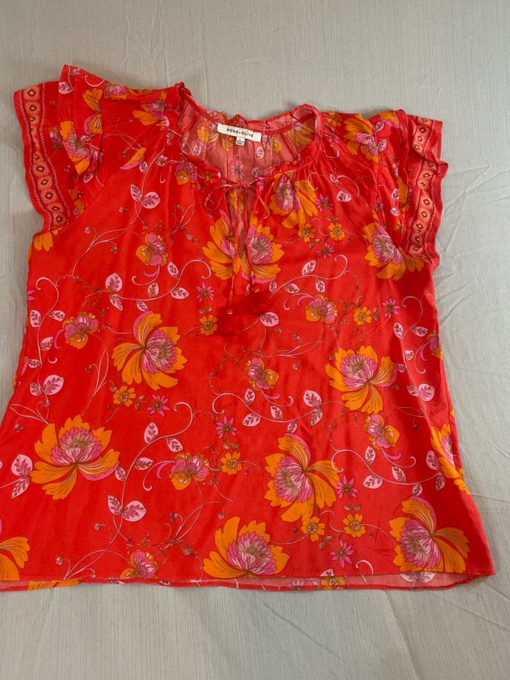 Rose & Olive Vibrant Orange Floral Flutter Sleeve Blouse